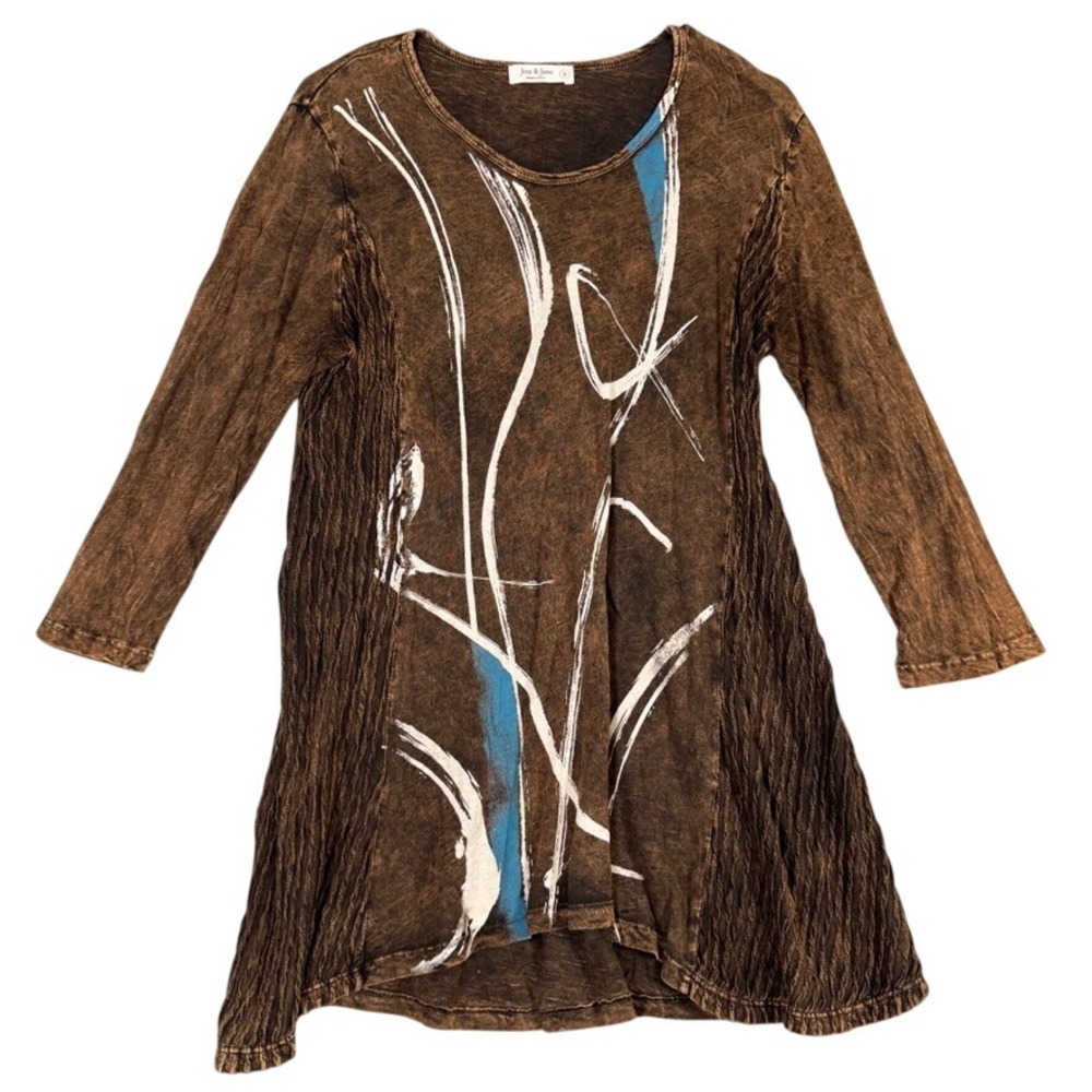 Jess & Jane Brown Mineral Wash Abstract Graphic Tunic Top Small Made in USA